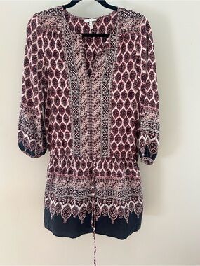 Printed Peasant Tunic in Burgundy and Cream